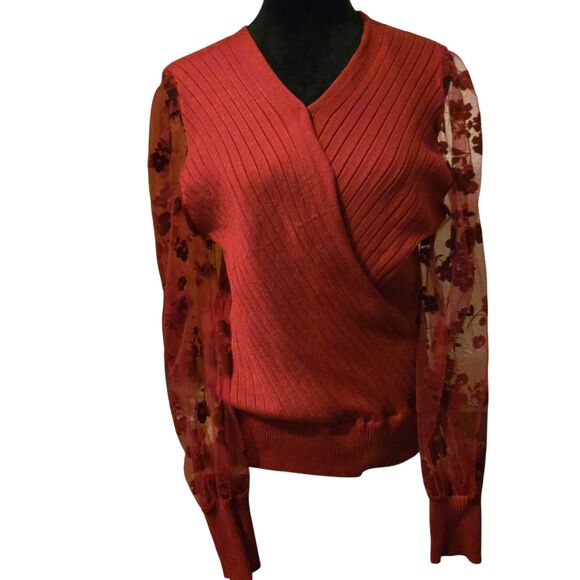 Cato XL Knit Red Sweater Mesh Velvet Floral Sleeve Whimsigoth Fairy Grunge - Picture 1 of 10